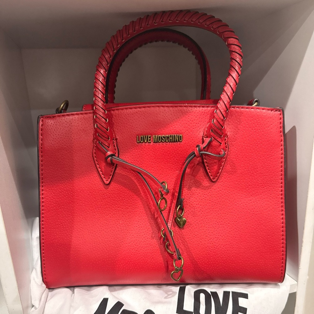 Love Moschino Red Braided-Handle Satchel with Gold Accents